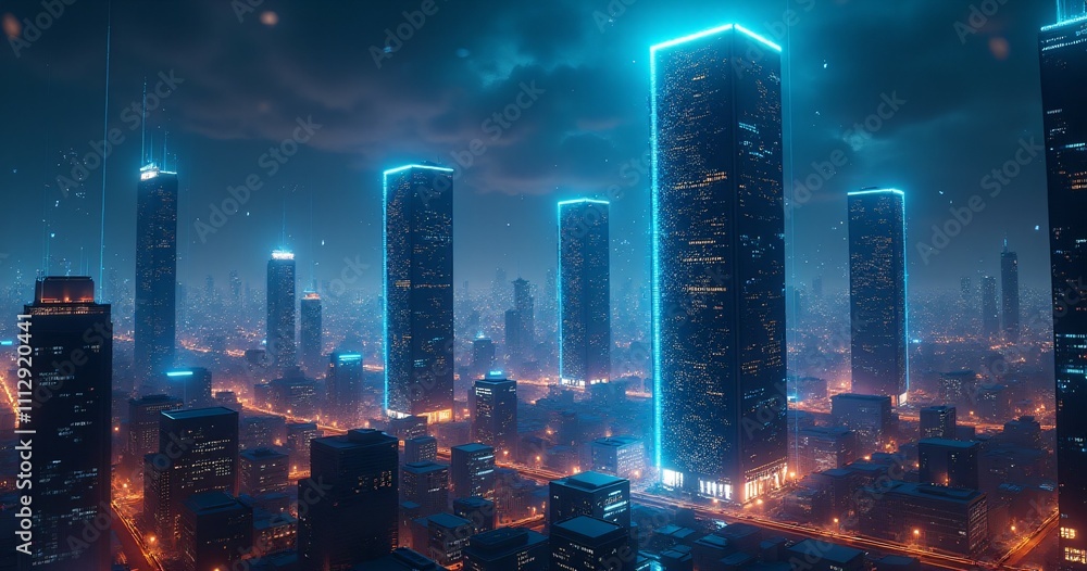 Poster a vibrant urban scene showcasing a blockchain-powered city. neon colors dominate the skyline as inte