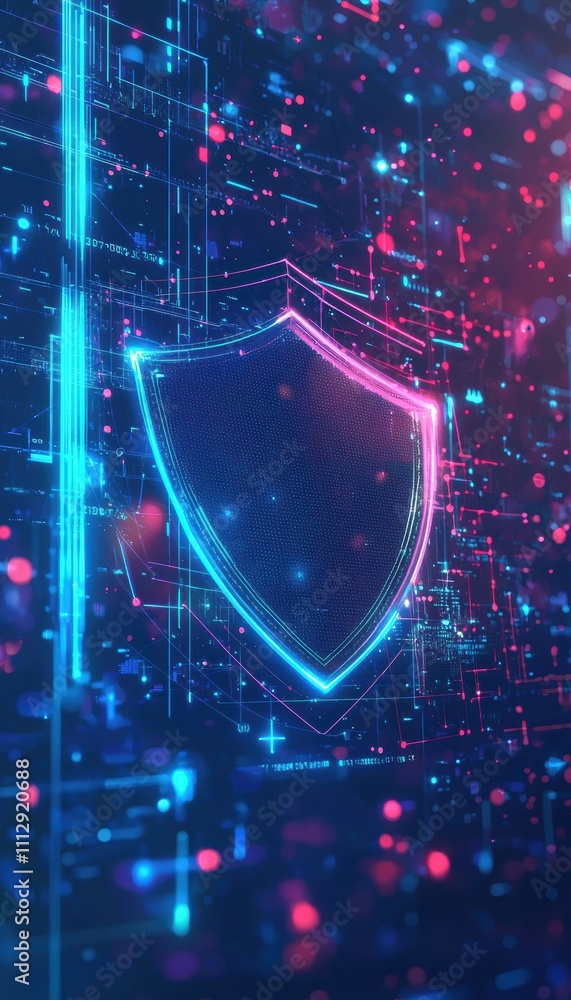 Poster futuristic digital shields representing privacy and user data protection