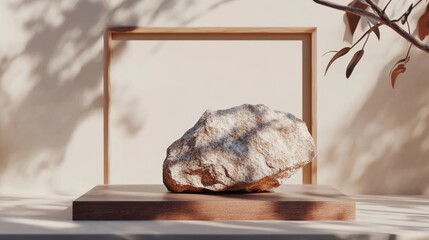 Three-Dimensional Stone Pedestal in Warm Tones. Abstract Beige Background for Product Showcase with Natural Elements