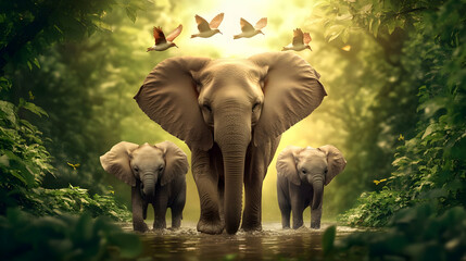 Majestic elephant matriarch leads her calves through a lush, sun-dappled jungle; birds soar overhead.
