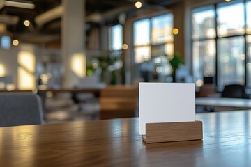Wooden table card holder with a blank white card in a bright office