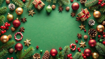 green background surrounded by Christmas decorations with an empty background in the middle
