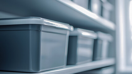 Rows of storage bins in a brightly lit shelving unit. Organization and decluttering concept, efficient design
