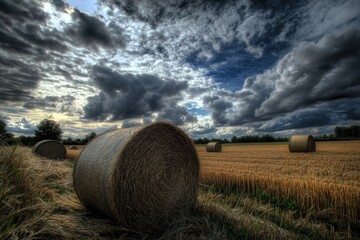 Golden Straw Bales Resting in a Sunlit Field Under a Blue Sky with Fluffy Clouds
