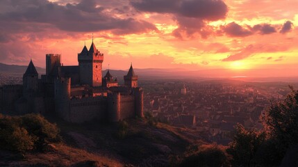Fototapeta premium Sunset Serenity over Carcassonne: A Medieval Fortress Illuminated in the Heart of France