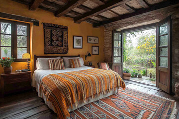 Rustic Bedroom with Orange Blanket and Garden View