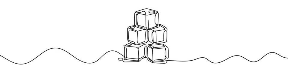 Continuous line drawing of ice cubes melting on a surface. Vector illustration.