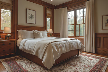 Elegant Bedroom With Wooden Headboard And White Bedding