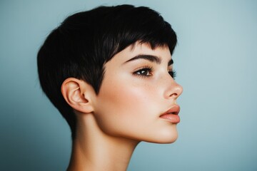 Charming Woman with Stylish Short Haircut Posing Confidently in a Bright Setting