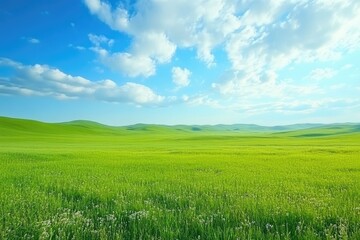 Obraz premium Vast Inner Mongolia Grassland: Spring Landscape with Lush Green Fields Under a Blue Sky and Fluffy White Clouds