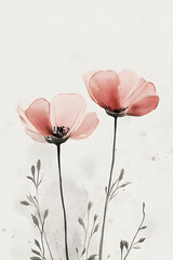 Fototapeta premium Two watercolor poppy flowers in soft pink tones with a minimalist background.
