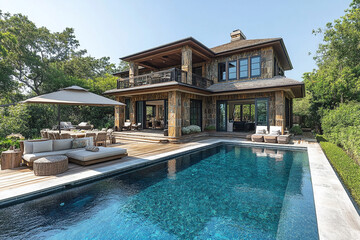 Fototapeta premium Luxurious Stone House with Pool and Outdoor Seating