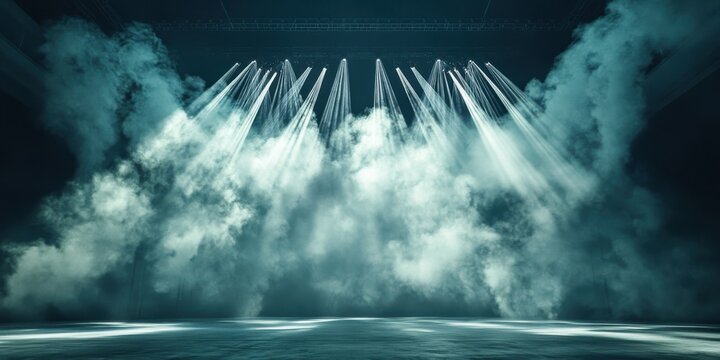 A majestic arena stage enveloped in swirling smoke, pierced by radiant beams of light, suspended in a shadowy, infinite concert void