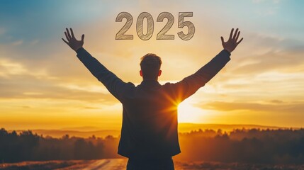 Fototapeta premium Silhouette of a Man with Raised Arms, Greeting the Year 2025 at Sunrise, with Copy Space