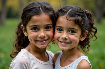 Portrait of two little girls walking in the park, happy childhood. AI Generative
