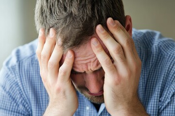 Fototapeta premium Emotionally Burdened Adult Man with Head in Hands, Expressing Sadness and Loneliness
