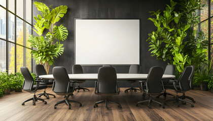 Modern office conference room with large blank whiteboard, surrounded by lush greenery and stylish black chairs. Ideal for presentations or meetings.