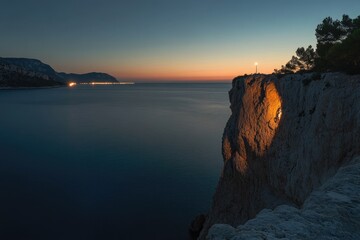 Serene Seascape: Long Exposure of Sunset Over Rocky Coastline and Tranquil Waters