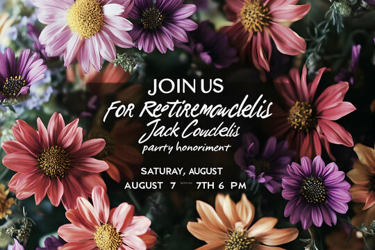 Vibrant floral arrangement featuring various shades of pink, purple, and orange daisies; perfect for retirement party invitations, floral-themed designs, or celebratory occasions.
