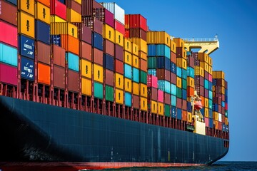 Fototapeta premium Cargo Ship with Colorful Containers on Calm Sea for Maritime and Trade Themes