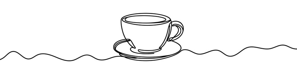Minimalist continuous line drawing representing a cup of coffee on a saucer. Vector illustration.