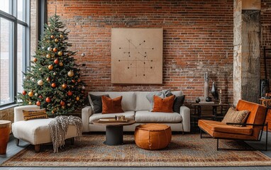 A modern rustic living room with an exposed brick wall, a Christmas tree decorated in earthy tones, and furniture with a mix of modern and vintage styles