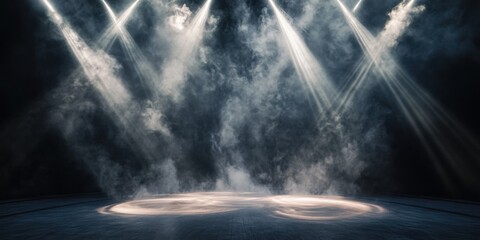 An orbital perspective of radiant, swirling smoke surrounding an arena stage, highlighting intersecting spotlight beams piercing a vast dark background