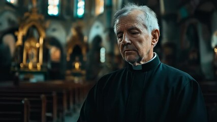 Elderly priest in a black robes in the cathedral church. Religious faith and religion. Gothic church interior. Worship and devotion