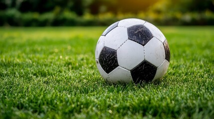 Fototapeta premium A Classic Soccer Ball Rests on Lush Green Grass Under Sunlight