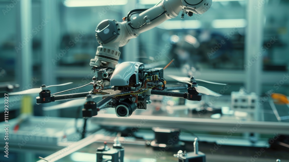 Poster robotic arm assembling drone on high-tech production line in modern factory