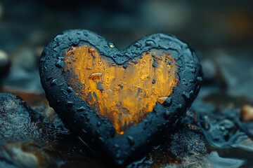 Fototapeta premium Dark Stone Heart Golden Interior Water Drops