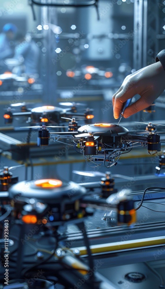Aufkleber engineer adjusting drone on high-tech production line for advanced assembly process