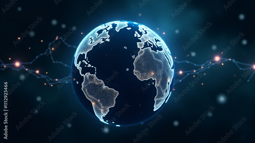 Poster a majestic representation of a decentralized global economy. the glowing data chains reflect the spe
