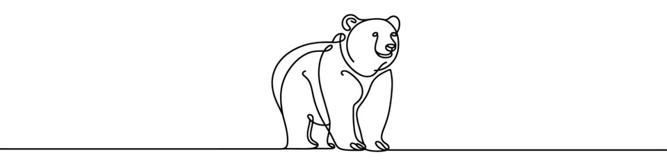 One continuous line illustration of a bear, isolated on white background. Line art of bear