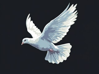 Fototapeta premium Soaring Dove: White Bird in Flight Against a Stark Black Background, Emblem of Peace and Freedom