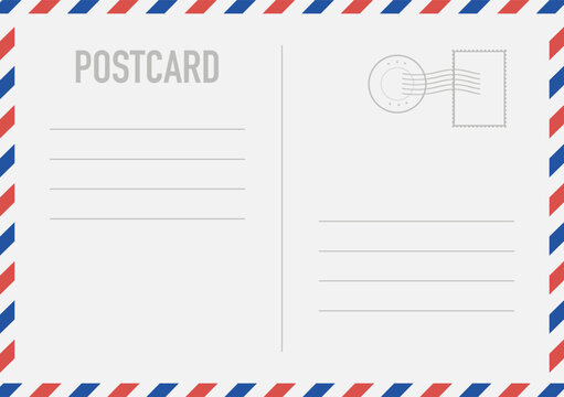 Realistic blank postcard template with place for stamp. White paper  airmail postcard with red and blue border. Vector EPS 10