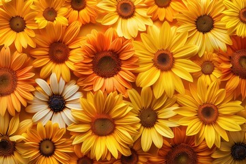 Obraz premium A vibrant arrangement of yellow and orange flowers creating a cheerful backdrop.
