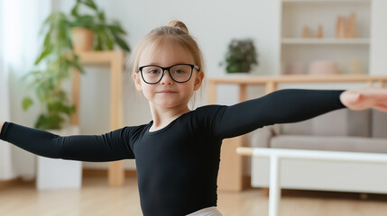 Young ballerina wearing glasses practicing ballet at home