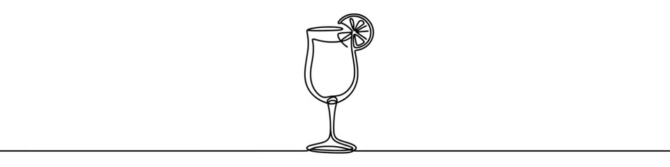 Minimalist vector illustration of a cocktail glass with a slice of lemon, created using a continuous line
