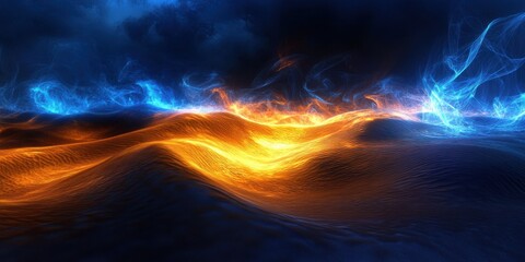 Desert dunes glowing with vibrant smoke spirals, pierced by intersecting light beams, all fading into the deep shadows of a dark void