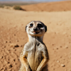 Meerkat standing on its hind legs on the sand in the desert