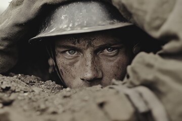 Obraz premium An intense close-up captures a soldier's eyes, adorned with dirt and fatigue, reflecting the harrowing tales of war, survival, and unyielding spirit amidst challenging circumstances.