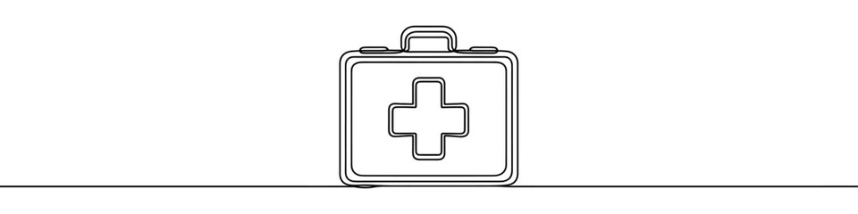Minimalist vector illustration of a first aid kit, drawn with one continuous line