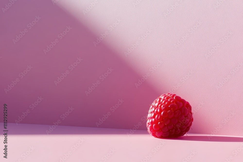 Poster raspberry sits alone on a soft pink surface casting a shadow in natural light