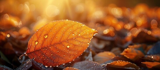 Close up of a single vibrant orange autumn leaf covered in delicate morning dew drops reflecting the warm golden sunlight in a serene natural setting