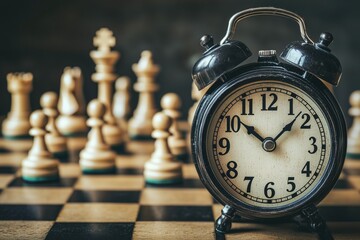 Chess clock and chess pieces on a chessboard