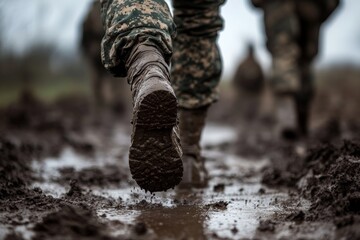 This image captures the dynamic motion of soldiers marching through thick mud, illustrating the physical challenges of military training and resilience.