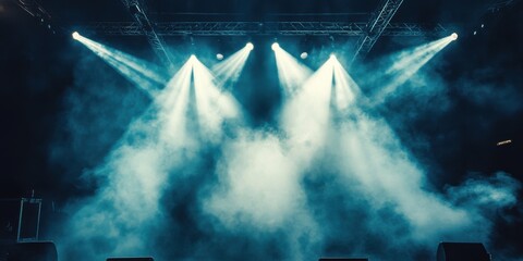 Dynamic motion of radiant smoke spiraling upward from an arena stage, intersecting beams from a complex spotlight rig slicing through the dark void, evoking pure concert energy