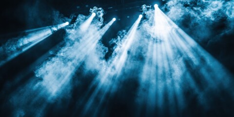 Dynamic motion of radiant smoke spiraling upward from an arena stage, intersecting beams from a complex spotlight rig slicing through the dark void, evoking pure concert energy