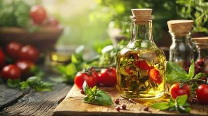 Bottle of herb-infused olive oil with fresh tomatoes and basil